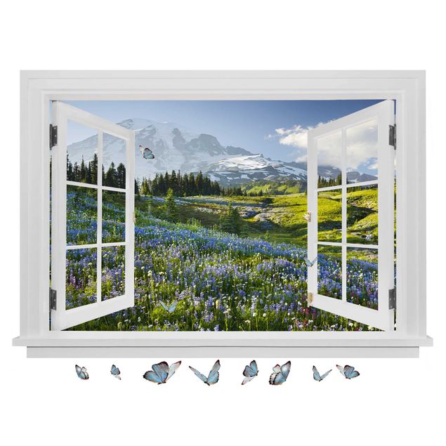 Wanddeko Flur Offenes Fenster Bergwiese mit Blumen vor Mt. Rainier und Schmetterlinge