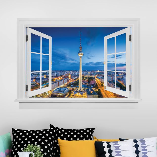 Deko 3D Offenes Fenster Berlin Skyline bei Nacht mit Fernsehturm