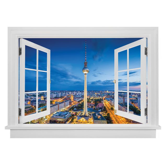 Wanddeko Wohnzimmer Offenes Fenster Berlin Skyline bei Nacht mit Fernsehturm