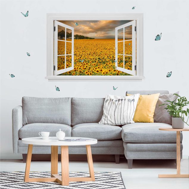 Wanddeko Schlafzimmer Offenes Fenster Feld mit Sonnenblumen