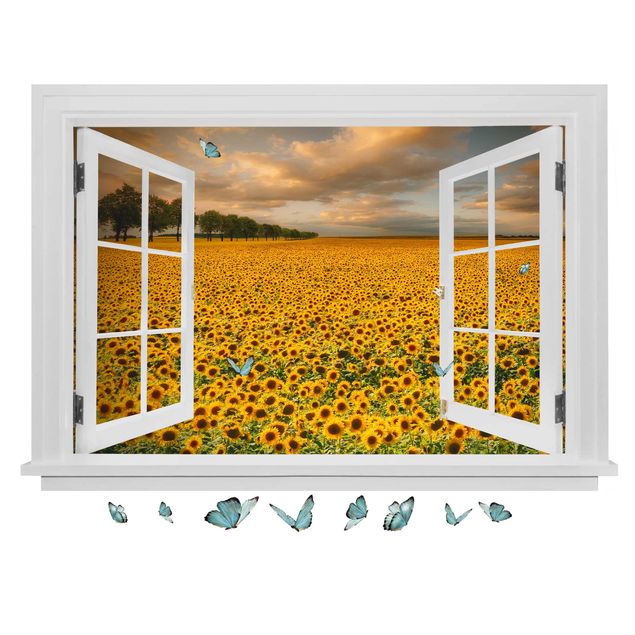 Wanddeko Flur Offenes Fenster Feld mit Sonnenblumen