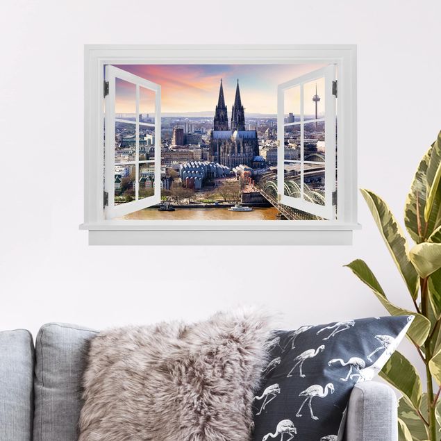 Wohndeko 3D Offenes Fenster Köln Skyline mit Dom