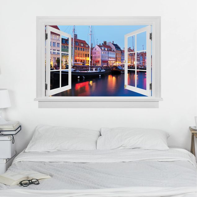 Wanddeko 3D Offenes Fenster Kopenhagener Hafen am Abend