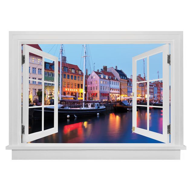 Wanddeko Flur Offenes Fenster Kopenhagener Hafen am Abend