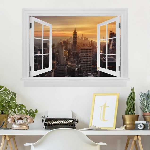Wanddeko 3D Offenes Fenster Manhattan Skyline Abendstimmung