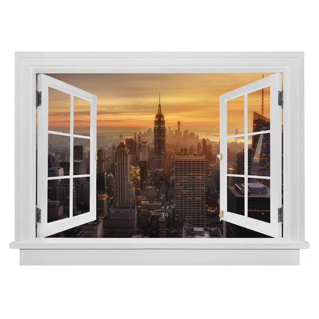 Wanddeko Flur Offenes Fenster Manhattan Skyline Abendstimmung