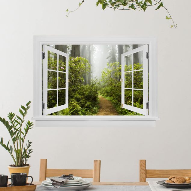 Wanddeko 3D Offenes Fenster Nebliger Waldpfad