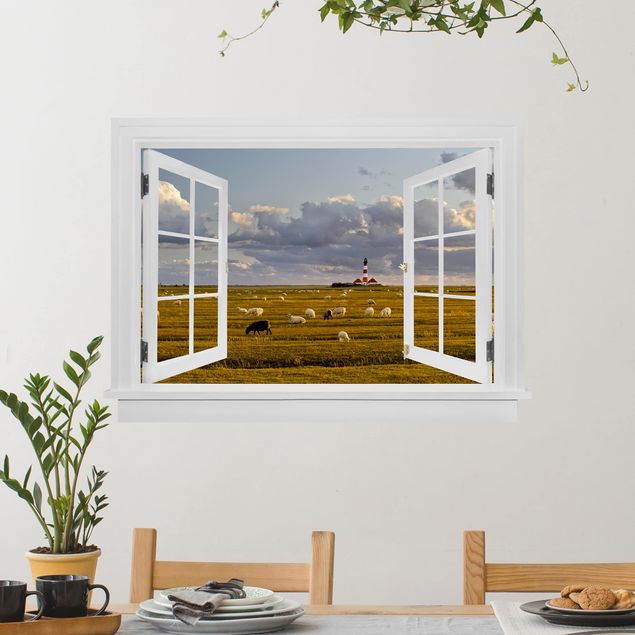 Wanddeko 3D Offenes Fenster Nordsee Leuchtturm mit Schafsherde
