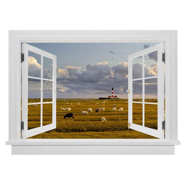 Wanddeko Flur Offenes Fenster Nordsee Leuchtturm mit Schafsherde