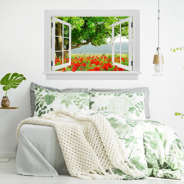 Wanddeko Schlafzimmer Offenes Fenster Sommerwiese mit Blumenkasten