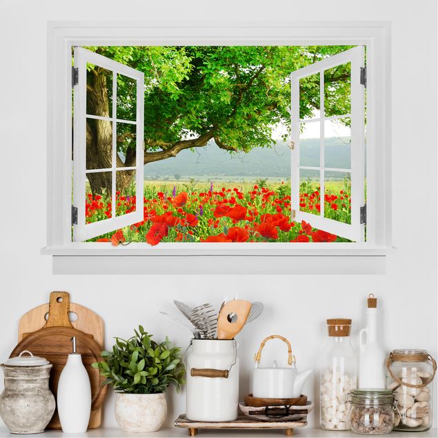 Wanddeko 3D Offenes Fenster Sommerwiese mit Blumenkasten