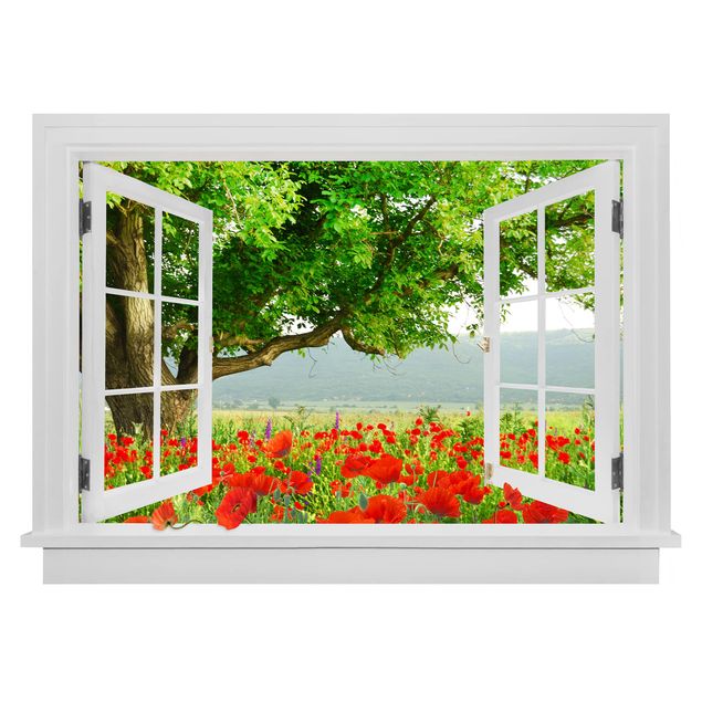 Wanddeko Flur Offenes Fenster Sommerwiese mit Blumenkasten
