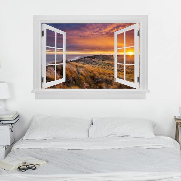 Wanddeko 3D Offenes Fenster Sonnenaufgang am Strand auf Sylt