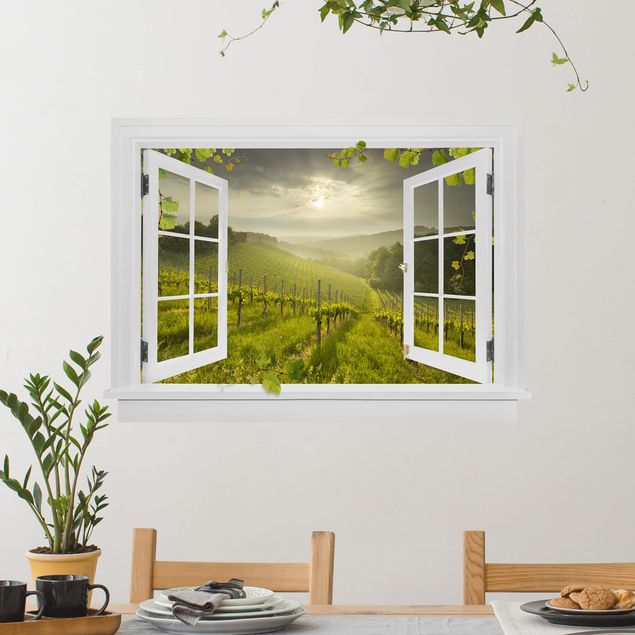 Wohndeko 3D Offenes Fenster Sonnenstrahlen Weinberg mit Ranken und Trauben