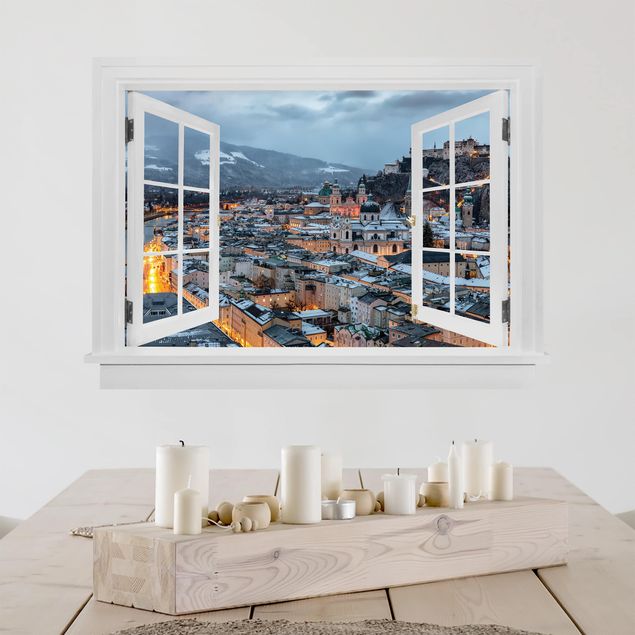Wanddeko 3D Offenes Fenster Verschneites Salzburg