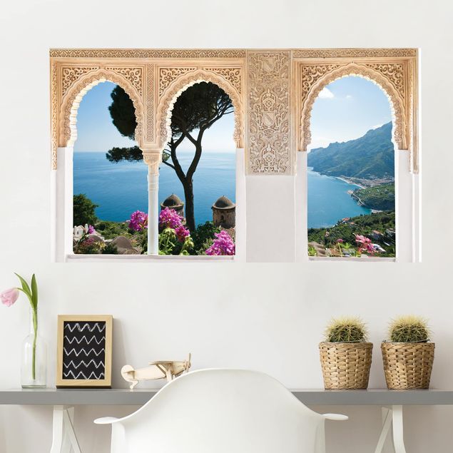 Wanddeko 3D Verzierte Fenster Ausblick vom Garten aufs Meer