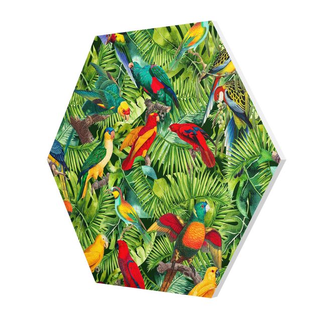 Wanddeko Pflanzen Bunte Collage - Papageien im Dschungel