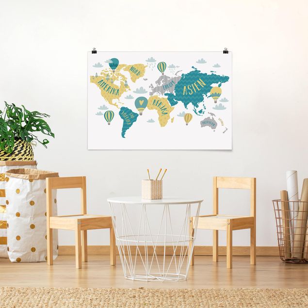 Wanddeko Büro Weltkarte mit Heißluftballon