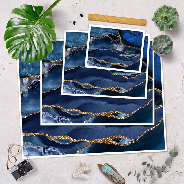 Wanddeko über Bett Goldene Glitzer Wellen vor Blau