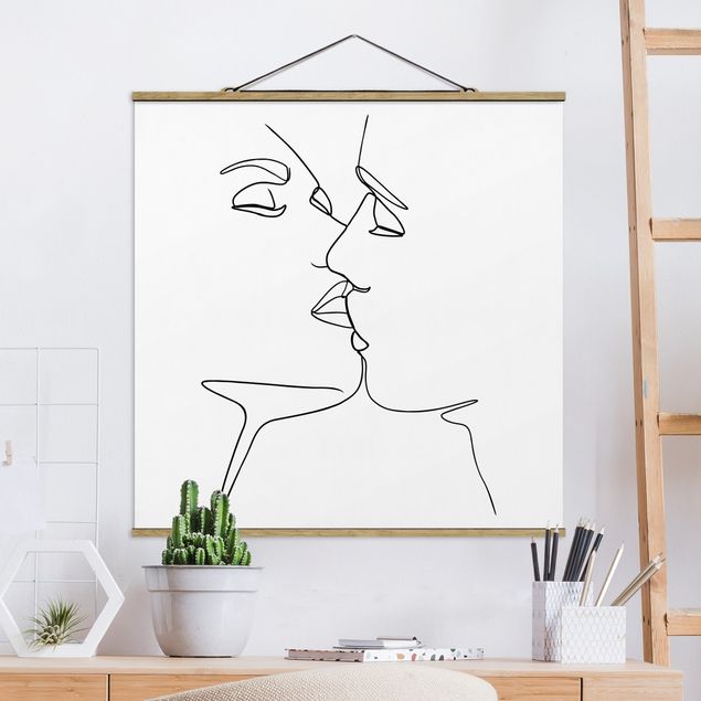 Wanddeko Wohnzimmer Line Art Kuss Gesichter Schwarz Weiß