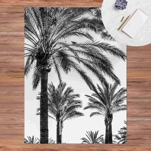 Wanddeko Esszimmer Palmen im Sonnenuntergang Schwarz-Weiß