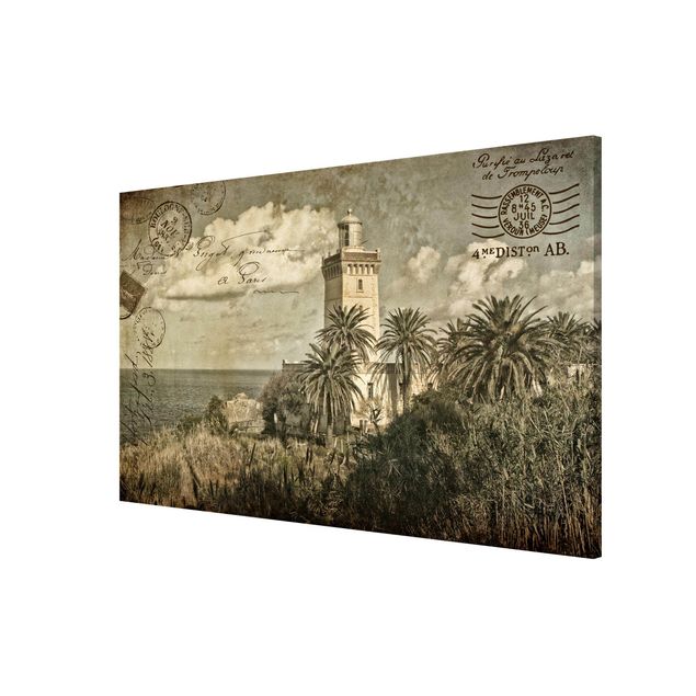 Wanddeko Esszimmer Leuchtturm und Palmen - Vintage Postkarte