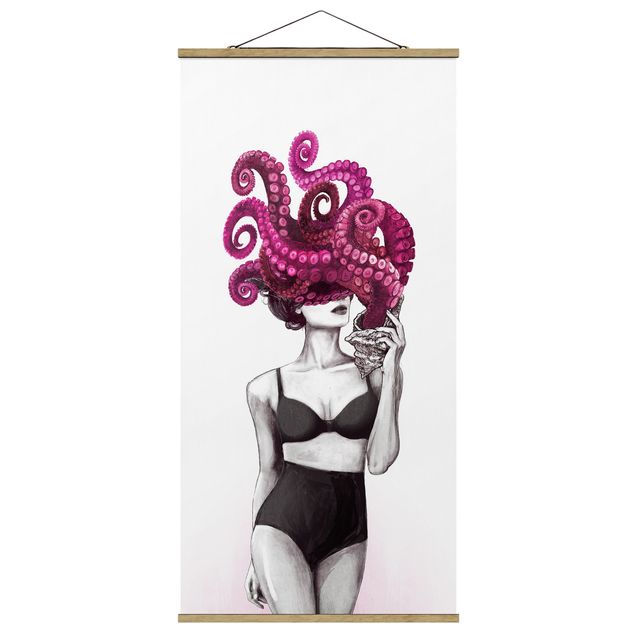Wanddeko Flur Illustration Frau in Unterwäsche Schwarz Weiß Oktopus