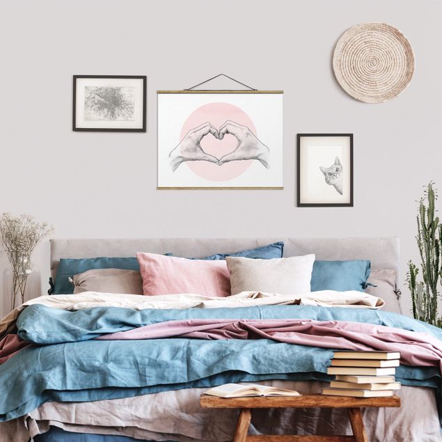 Wanddeko Schlafzimmer Illustration Herz Hände Kreis Rosa Weiß