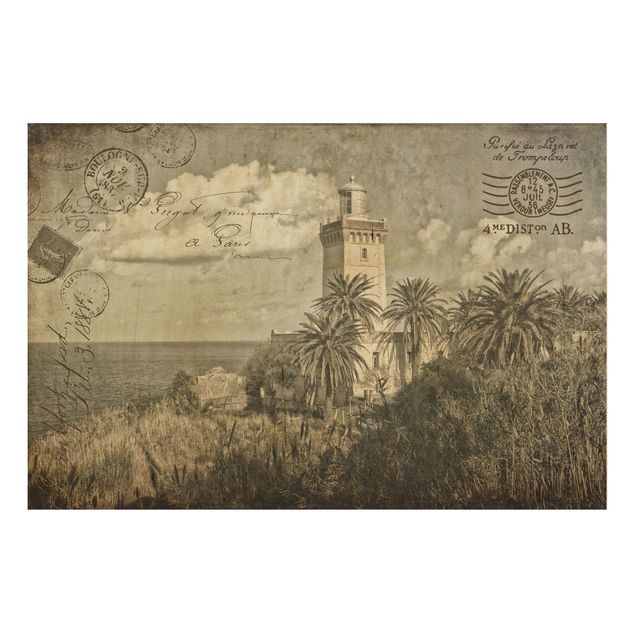 Wanddeko Schlafzimmer Leuchtturm und Palmen - Vintage Postkarte
