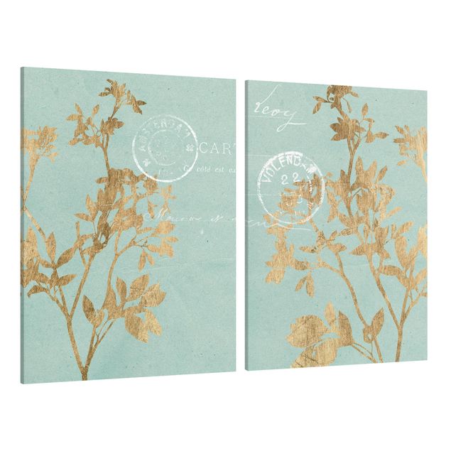 Wanddeko Esszimmer Goldene Blätter auf Turquoise Set I