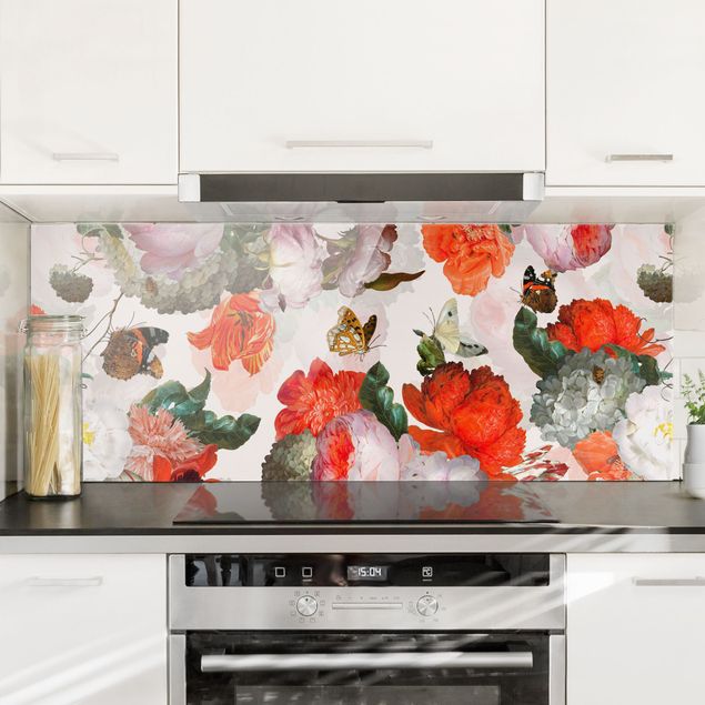 Küche Dekoration Rote Blumen mit Schmetterlingen