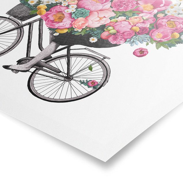Wanddeko Büro Illustration Frau auf Fahrrad Collage bunte Blumen