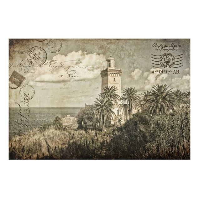 Wanddeko Flur Vintage Postkarte mit Leuchtturm und Palmen
