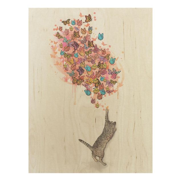 Wanddeko Esszimmer Illustration Katze mit bunten Schmetterlingen Malerei