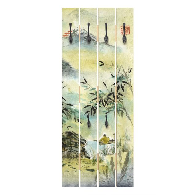Wanddeko Treppenhaus Japanische Aquarell Zeichnung Bambuswald