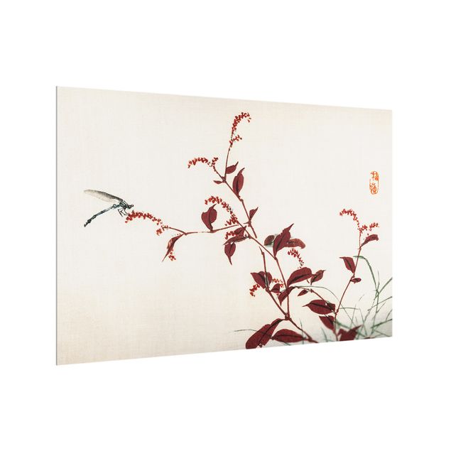 Wanddeko rot Asiatische Vintage Zeichnung Roter Zweig mit Libelle
