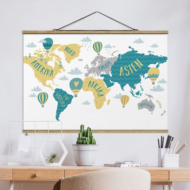 Deko Kinderzimmer Weltkarte mit Heißluftballon