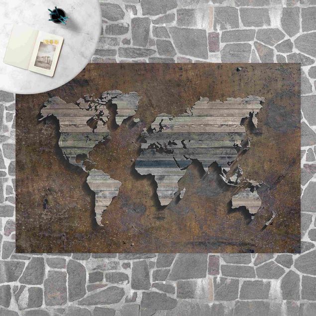Wanddeko Flur Holz Rost Weltkarte