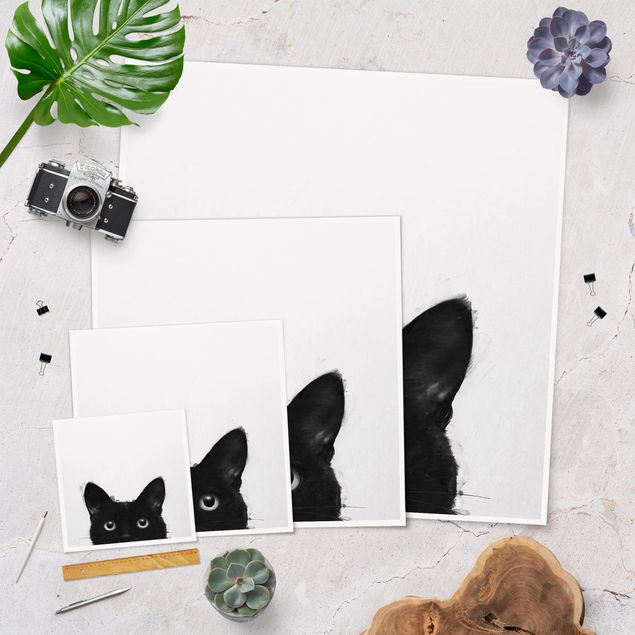 Wanddeko über Sofa Illustration Schwarze Katze auf Weiß Malerei