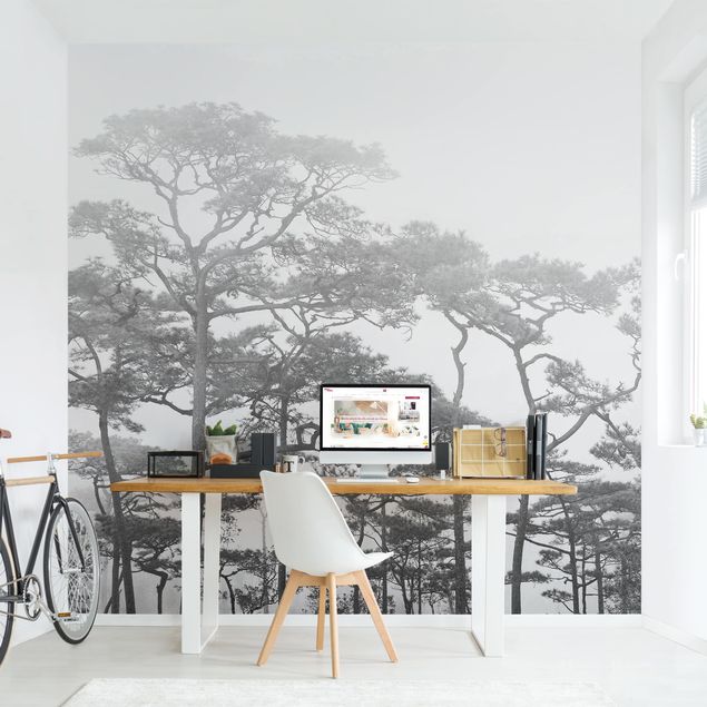 Wanddeko Wohnzimmer Baumkronen im Nebel Schwarz Weiß