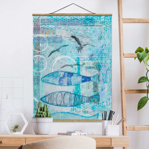Wanddeko blau Bunte Collage - Blaue Fische