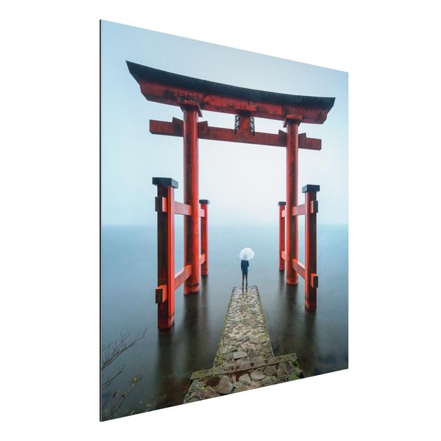 Wandbilder Asien Rotes Torii am Ashi-See