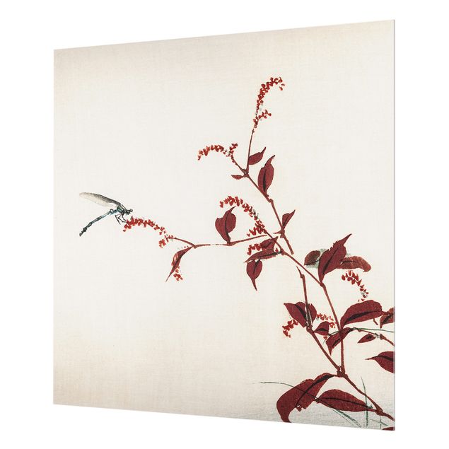 Wohndeko Vintage Asiatische Vintage Zeichnung Roter Zweig mit Libelle