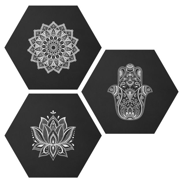 Wanddeko Büro Mandala Hamsa Hand Lotus Set auf Schwarz