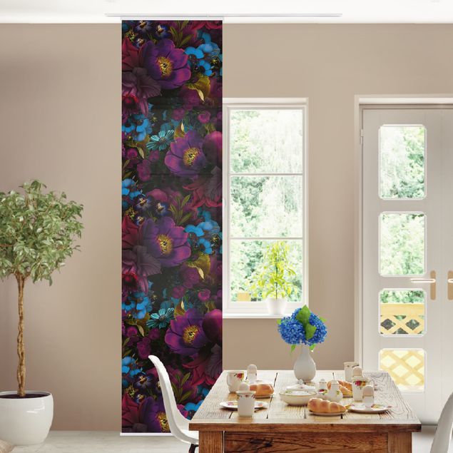 Wanddeko Wohnzimmer Lila Blüten mit Blauen Blumen