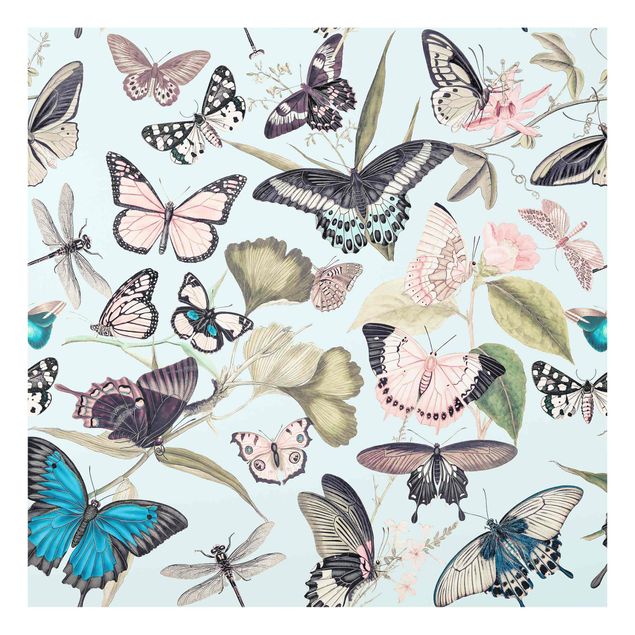 Wanddeko Tropisch Vintage Collage - Schmetterlinge und Libellen