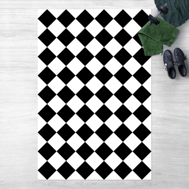 Wanddeko Flur Geometrisches Muster gedrehtes Schachbrett Schwarz Weiß