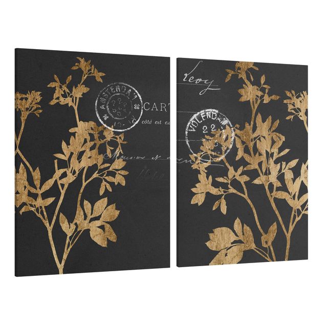 Wanddeko Esszimmer Goldene Blätter auf Mokka Set I
