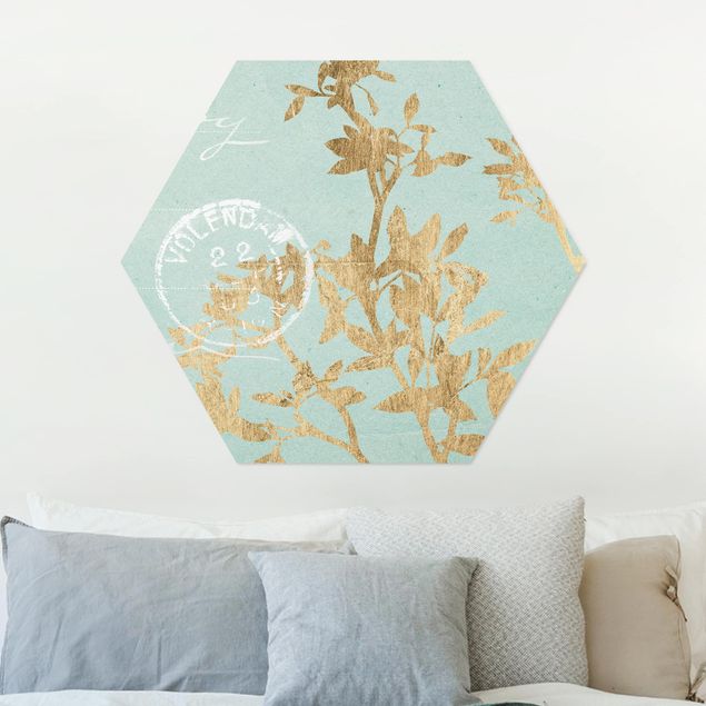 Wanddeko Schlafzimmer Goldene Blätter auf Turquoise II
