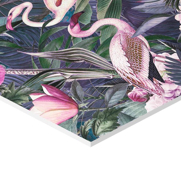 Wanddeko über Sofa Bunte Collage - Pinke Flamingos im Dschungel